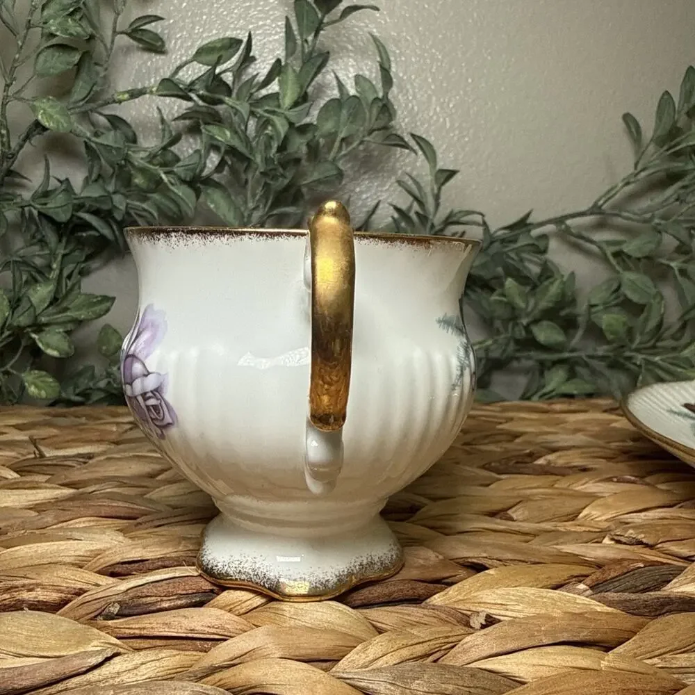 Elizabethan Bone China England Purple Rose Ivory Teacup Saucer Gold Gilt Vintage